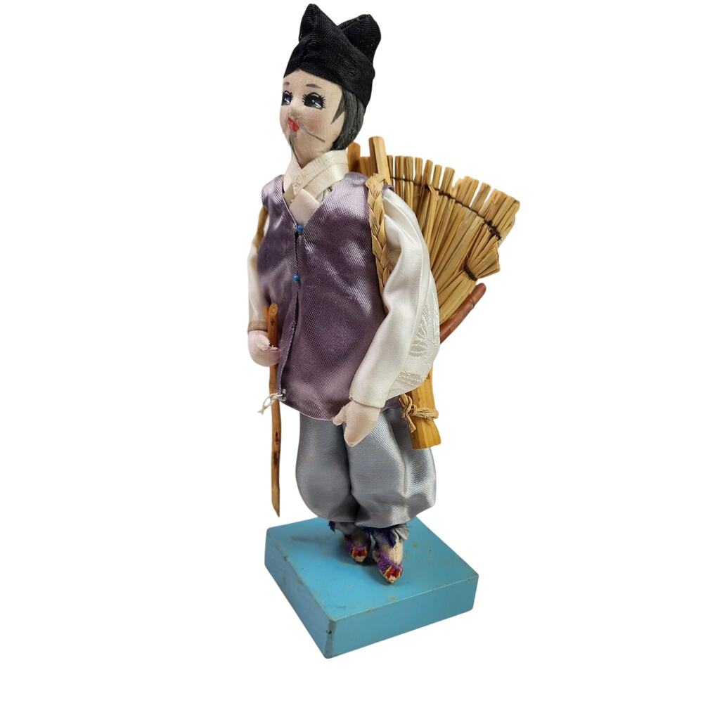 Korean Cloth Art Doll Vintage with Walking Stick and Jige Porter Straw Basket